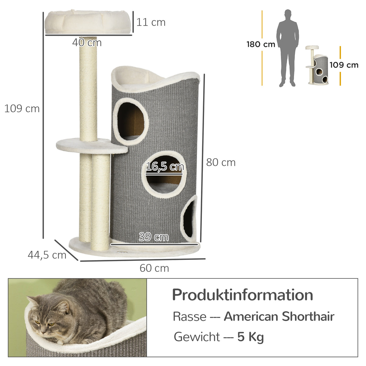 PawHut Kratzbaum mit Katzenbett u. Kratztonne für Katzen, 60 cm x 44,5 cm x 109 cm, Grau + Natur + Weiß