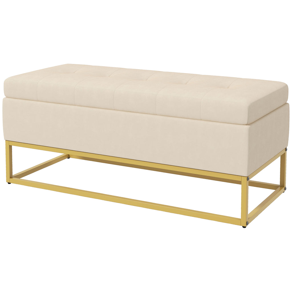 HOMCOM Sitzbank mit Stauraum, dekorative Knopfheftung, Flanelloptik, goldfarbene Stahlbeine, 110 x 47 x 46,5 cm