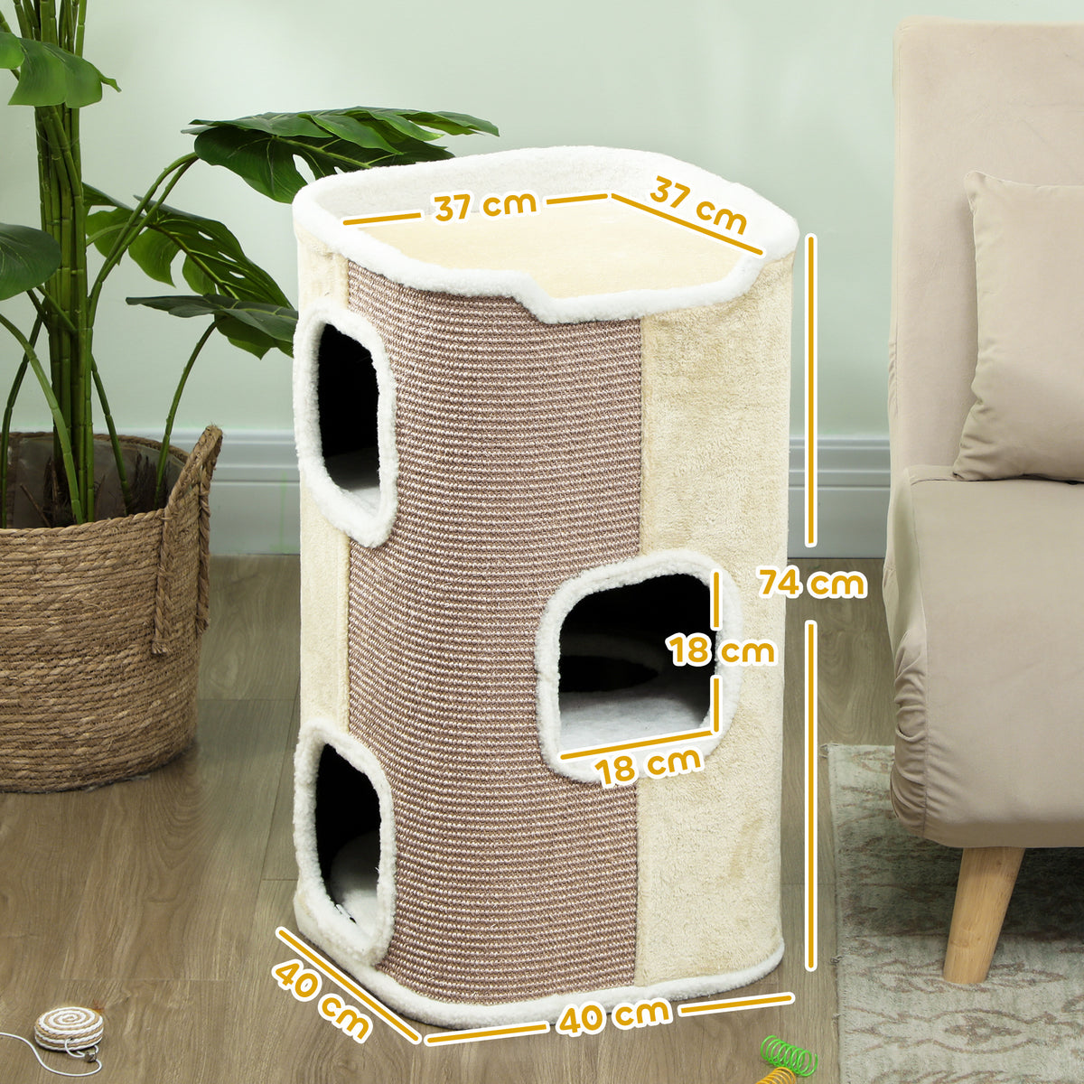 PawHut Kratztonne für Katzen, Katzenbaum, 3 Ebenen, robust, weicher Plüsch, Rückzugsort, Beige