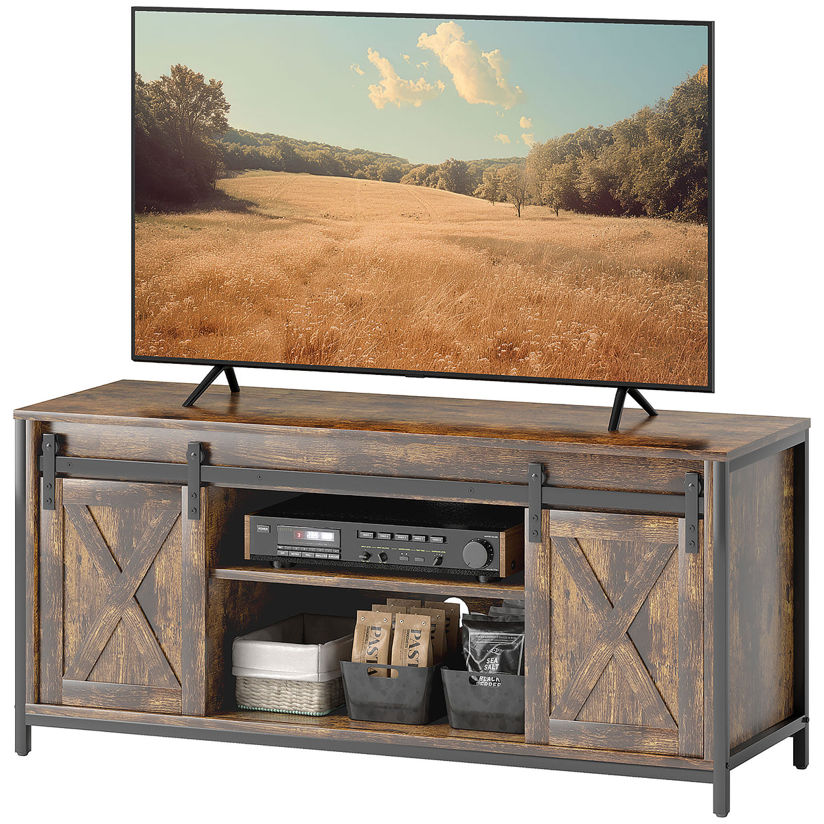 HOMCOM TV Lowboard, Industrial Design, für 60'' TVs, 6 Fächer, 2 Schiebetüren, Braun/Schwarz