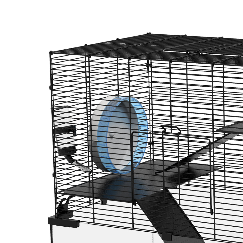PawHut Hamsterkäfig Hamsterkäfig 3 Ebenen mit Laufrad Rampen Häuschen Trinkflasche Futternapf 60L x 40B x 57H cm Schwarz