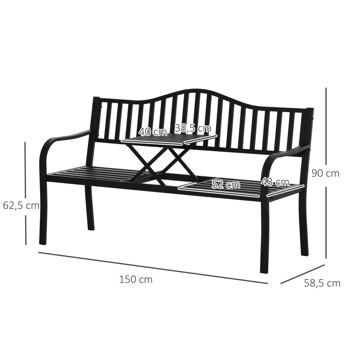 Outsunny 2-Sitzer Gartenbank robust Parkbank mit ausziehbarem Tisch Sitzbank Bank 240kg belastbar Terrassenbank mit Rücken- & Armlehnen Gartenmöbel für Terrasse, Garten 150 x 58,5 x 90 cm Schwarz
