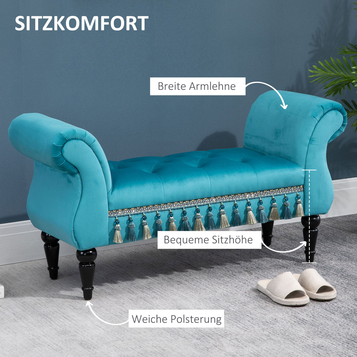 HOMCOM Sitzbank Polsterbank, Samtoptik, Luxus Bettbank mit Holzbeine, Flurbank für Schlafzimmer, bis 150 kg Belastbar, Blau, 117 x 40 x 58 cm