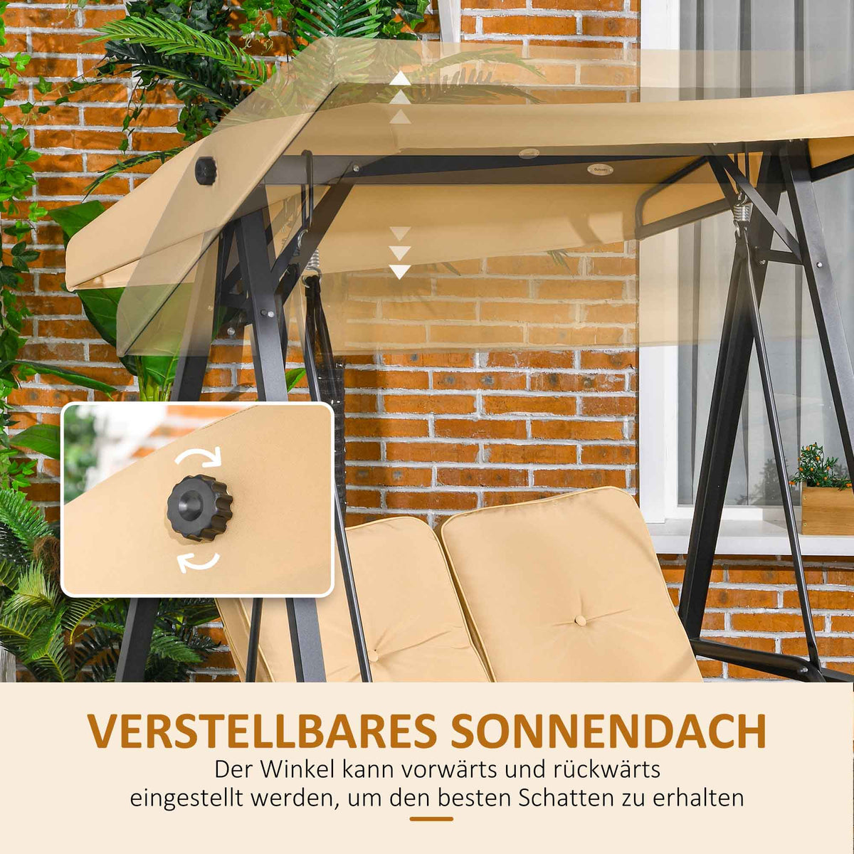 Outsunny Hollywoodschaukel, 2-Sitzer Gartenschaukel mit verstellbarem Dach, bis 220 kg belastbar, 138 x 106 x 174 cm, Beige