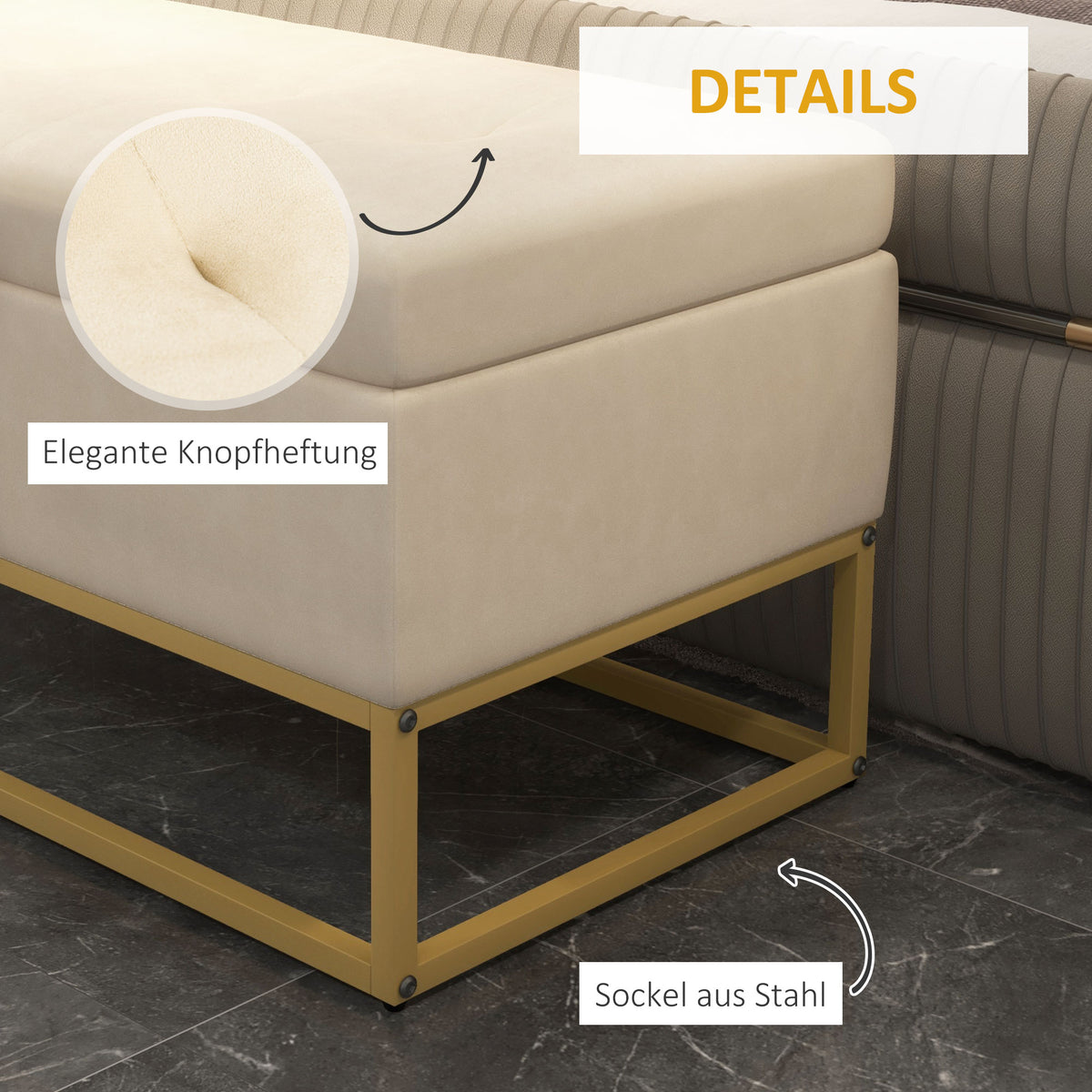 HOMCOM Sitzbank mit Stauraum, dekorative Knopfheftung, Flanelloptik, goldfarbene Stahlbeine, 110 x 47 x 46,5 cm