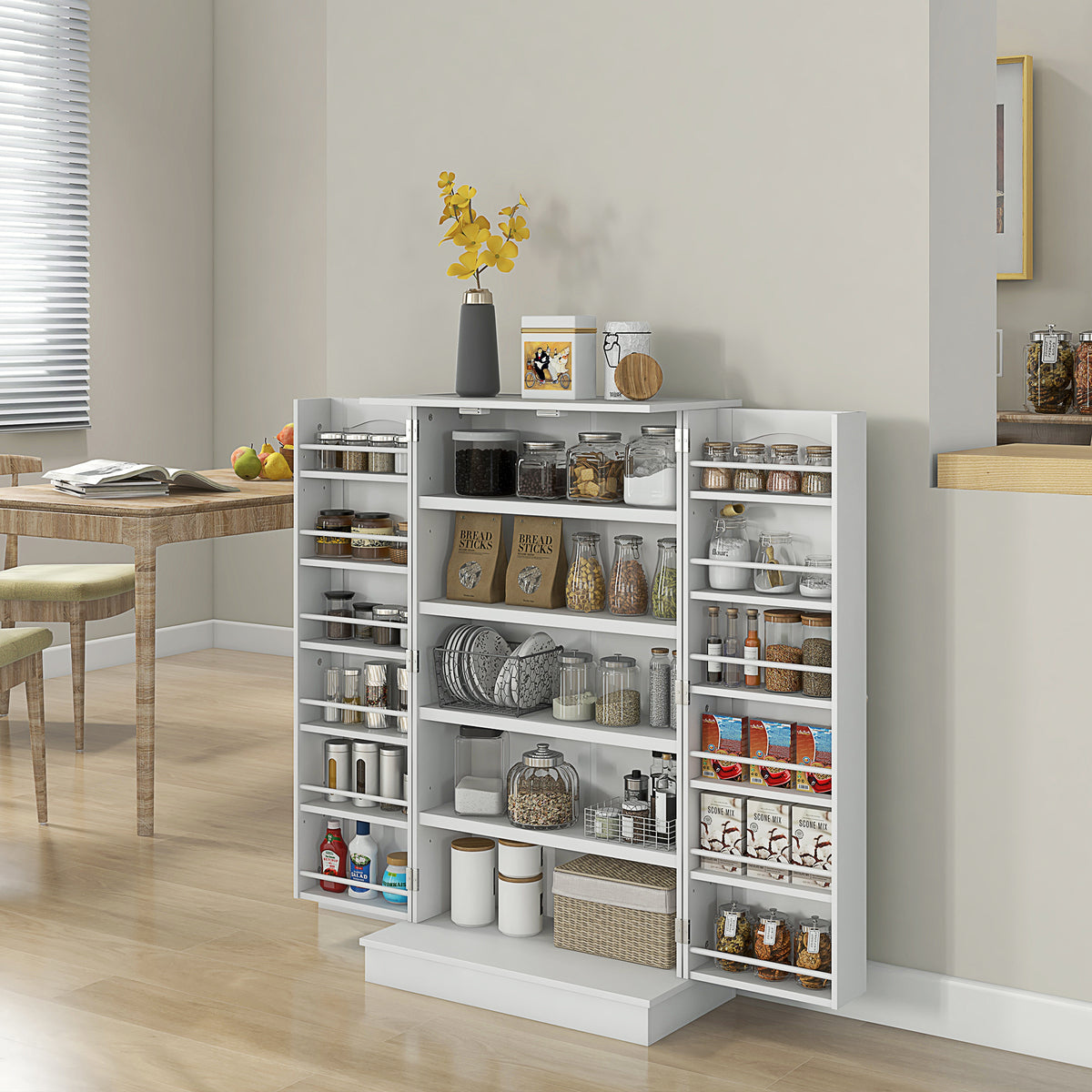 HOMCOM Küchenschrank Speisekammer 2 Türen mit 5 Regalen und 12 Gewürzregalen - 60 x 30 x 104 cm - weiß