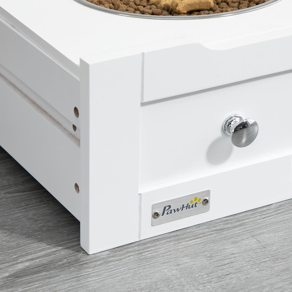 PawHut Futterstation für Haustiere, Aufbewahrungsschrank für Haustierbedarf, mit Futterschüsseln, Haken für Leinen, MDF, Weiß