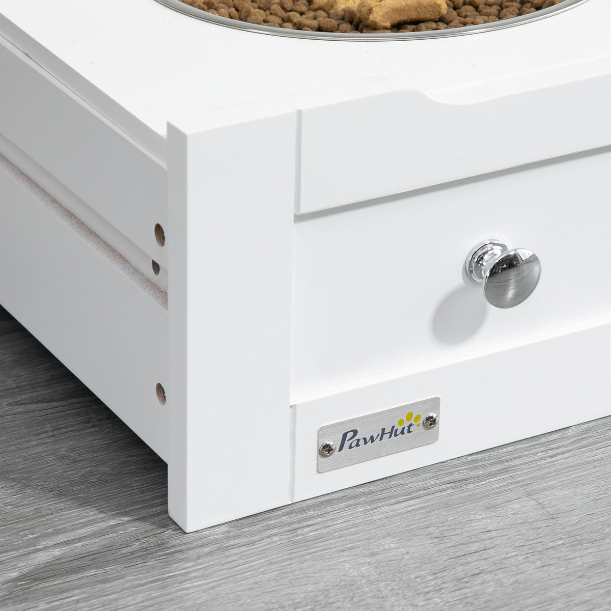 PawHut Futterstation für Haustiere, Aufbewahrungsschrank für Haustierbedarf, mit Futterschüsseln, Haken für Leinen, MDF, Weiß