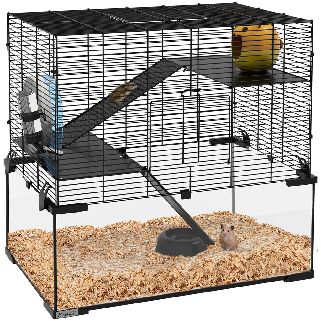 PawHut Hamsterkäfig Hamsterkäfig 3 Ebenen mit Laufrad Rampen Häuschen Trinkflasche Futternapf 60L x 40B x 57H cm Schwarz