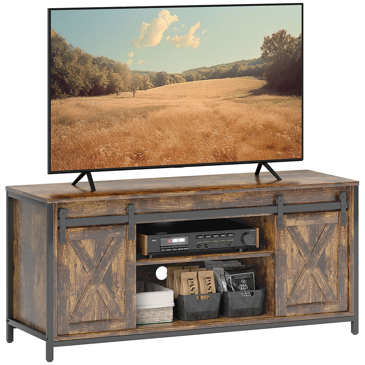 HOMCOM TV Lowboard, Industrial Design, für 60'' TVs, 6 Fächer, 2 Schiebetüren, Braun/Schwarz