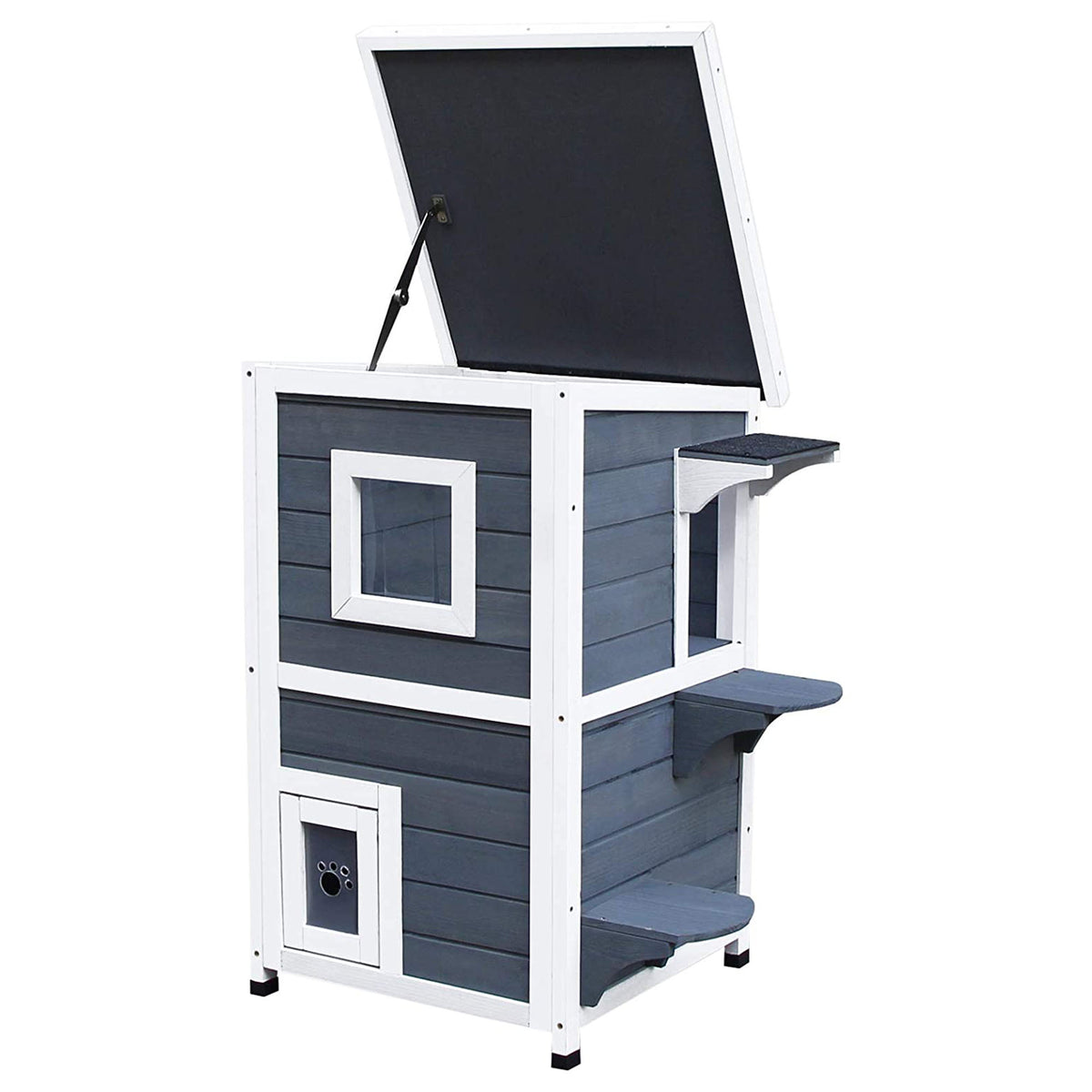 PawHut Katzenhaus aus Holz 2 Etagen Winterfest wasserdicht Katzenhütte mit Asphaltdach Treppen Fenster Katzenhöhle Outdoor Schutzhütte für Draußen Garten Balkon 51 x 51 x 81,3 cm Grau