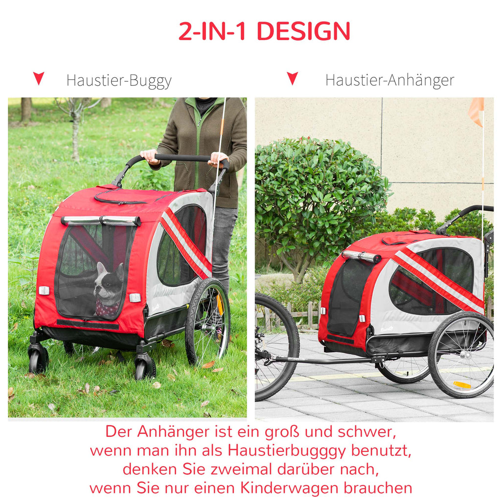PawHut 2-in-1 Hundeanhänger Hundebuggy bis 20kg Sicherheitsleine Reflektoren Flagge Zustange 140 cm x 72, 5 cm x 108 cm Rot