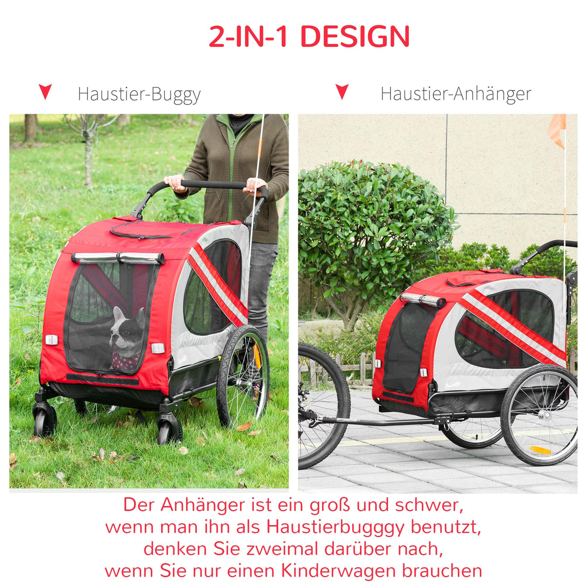PawHut 2-in-1 Hundeanhänger Hundebuggy bis 20kg Sicherheitsleine Reflektoren Flagge Zustange 140 cm x 72, 5 cm x 108 cm Rot