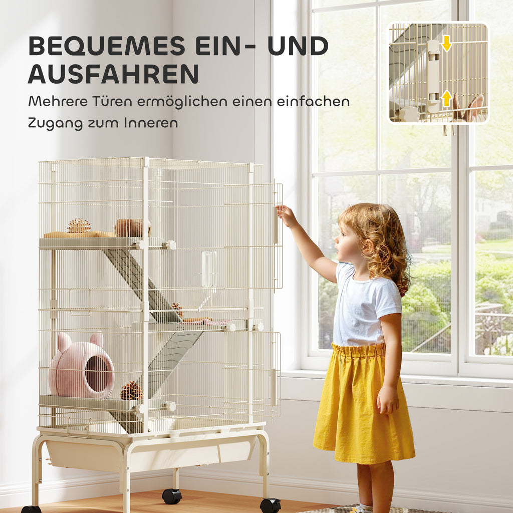 PawHut Kleintierkäfig, Haustierkäfig mit 4 Ebenen, Futterschale, Wasserflasche, 88 x 48 x 150,5 cm, Beige