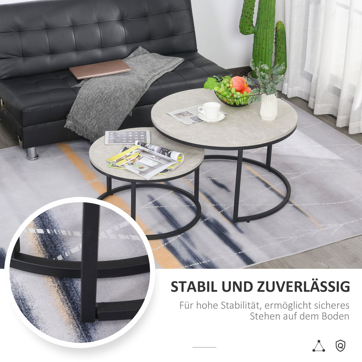HOMCOM Couchtisch-Set, 2 runde Satztische, Industriedesign, Metallgestell, Betonoptik/Schwarz