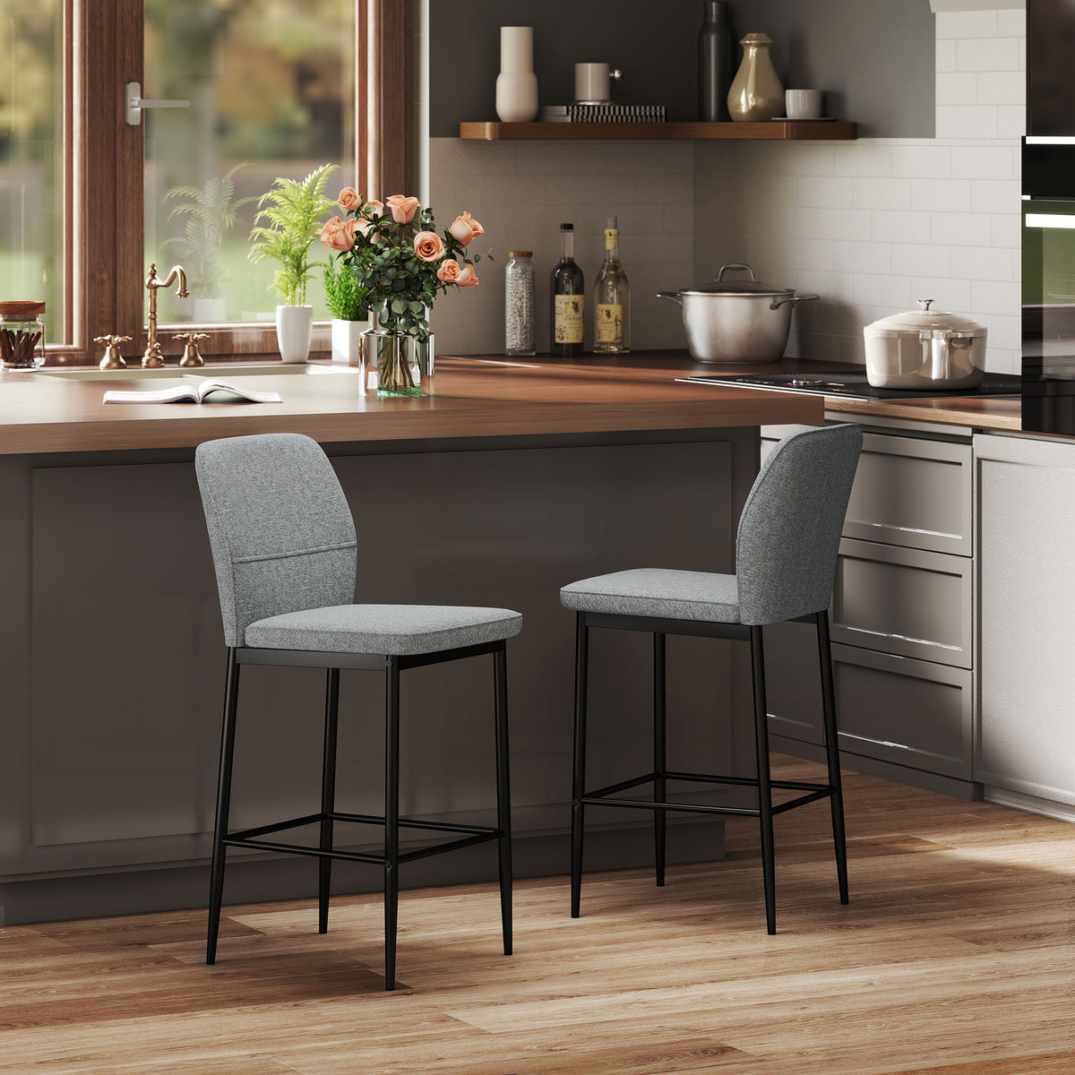 HOMCOM Set 2 moderne Barhocker aus Samt mit Fußstütze und Rückenlehne, 41x52x97 cm, Grau