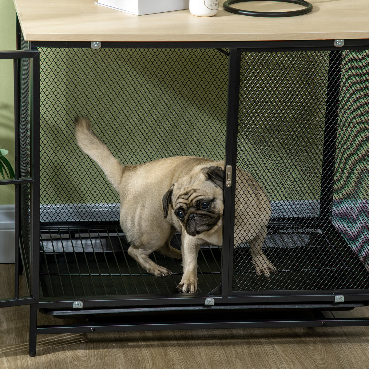 PawHut Hundekäfig, Hundebox, wasserabweisende Matte, herausnehmbare Bodenwanne, verriegelbar, Schwarz, 80 x 55 x 71 cm