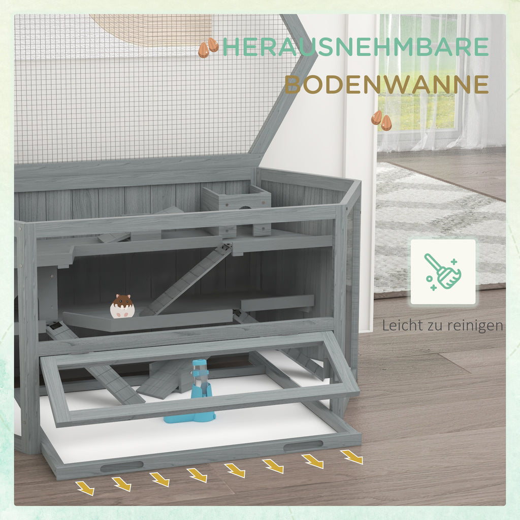 PawHut Hamsterkäfig, 3 Etagen, herausnehmbare Wanne, Holz/Metall, 115x60x55 cm