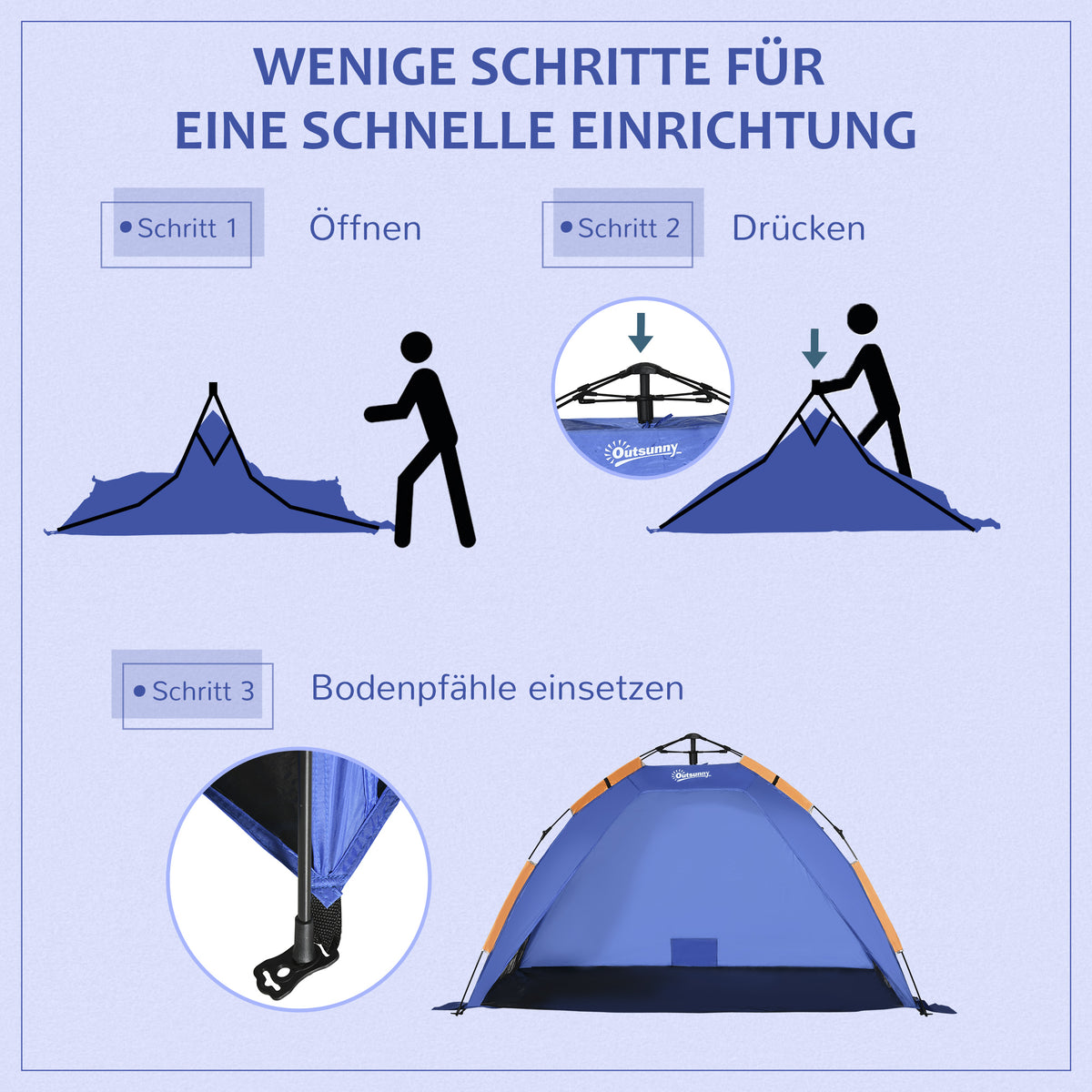 Outsunny Strandmuschel, Strandzelt, Pop up Campingzelt, Netzfenster, Tragetasche, 2-3 Personen, Fiberglas, 210 x 140 x 120 cm