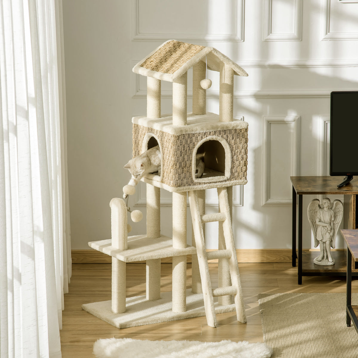 PawHut mit Katzenhöhle inkl. Spielzeug  Sisal Plüsch Khaki + Beige + Kaffee