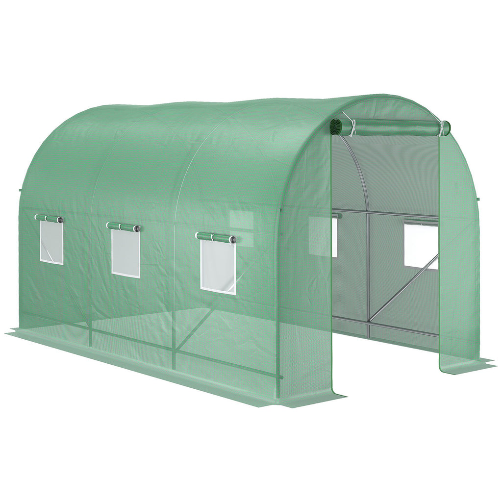 Outsunny Gewächshaus 350x200x200cm Foliengewächshaus Tomatenhaus Tür mit Moskitonetz, Fenster, Folientunnel aus verzinktem Stahl, stabiles Pflanztunnel, Treibhaus inkl. Erdanker Seilen, Grün