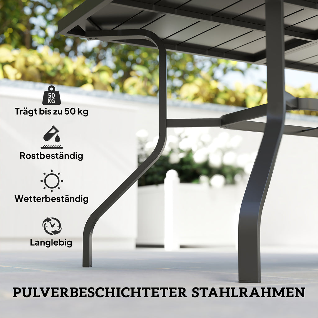 Outsunny Gartentisch 152x90 cm, Wetterfest Balkontisch aus Stahl, Beistelltisch mit Schirmloch, Latten-Design Schwarz