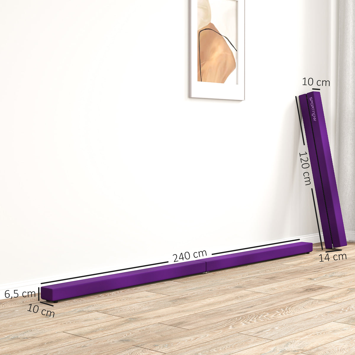 SPORTNOW Faltbarer Turnbalken 240 cm aus Samt, Balance Beam mit rutschfestem Boden, für Kinder und Erwachsene, Lila
