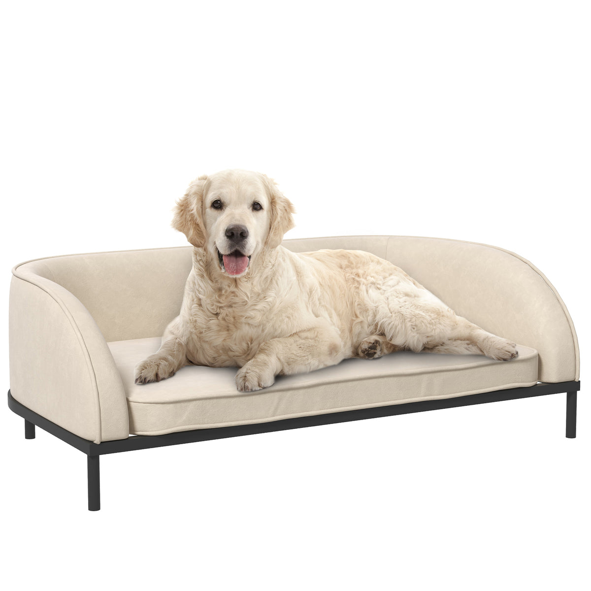 PawHut Hundesofa erhöhtes Bett abnehmbarer Kissenbezug Stahlbeine Samt 101,5 x 62 x 34,5 cm cremeweiß schwarz