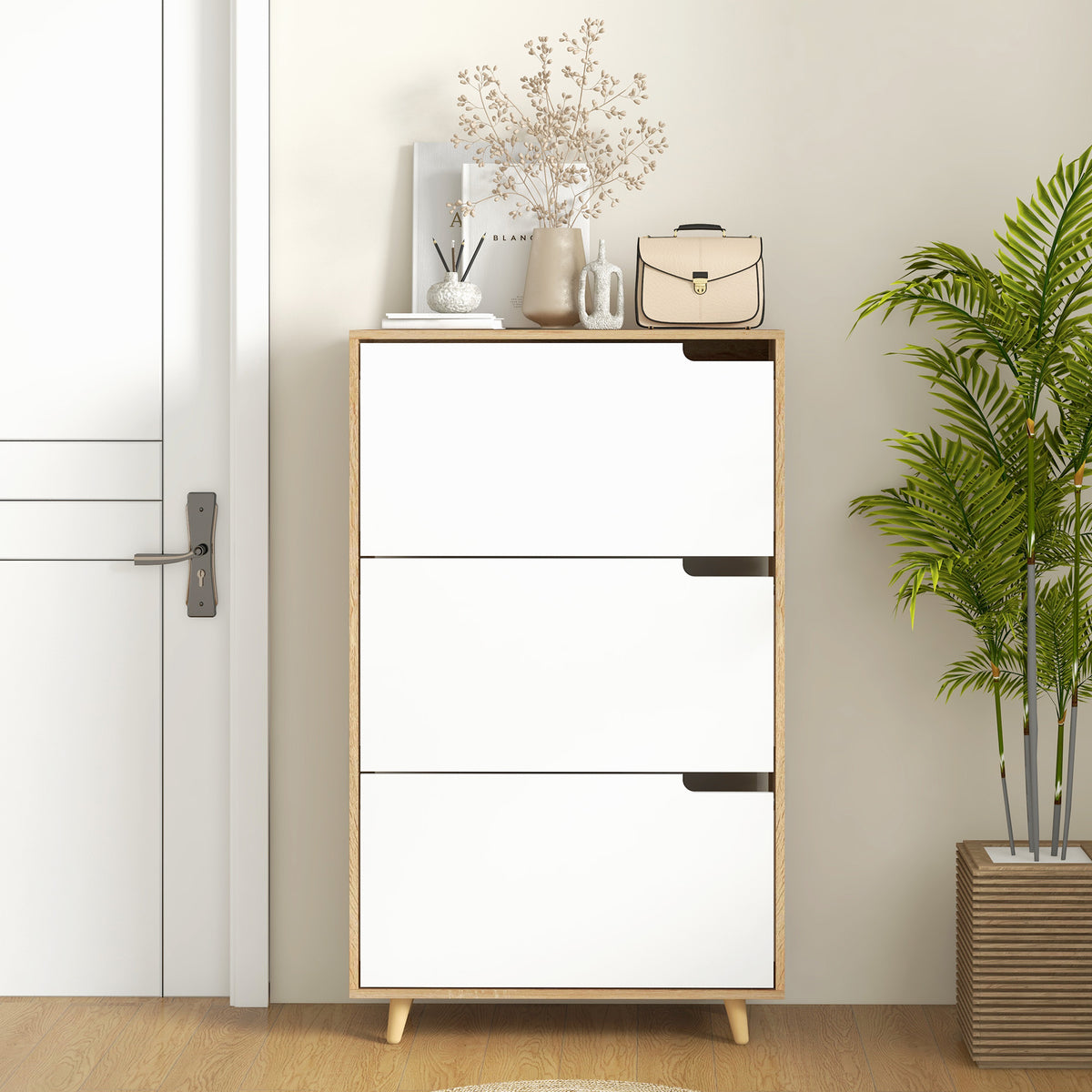 HOMCOM Schuhschrank 3 klappbare Türen mit verstellbarem Regal, 72B x 24T x 119H cm, Natur und Weiß