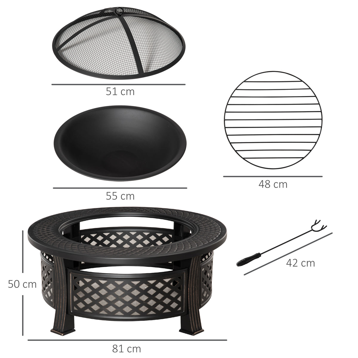 Outsunny Feuerschale mit Schürhaken Funkenschutz Feuerkorb Feuertisch rund Feuerstelle für Garten Camping BBQ Stahl Schwarz 81 x 81 x 50 cm