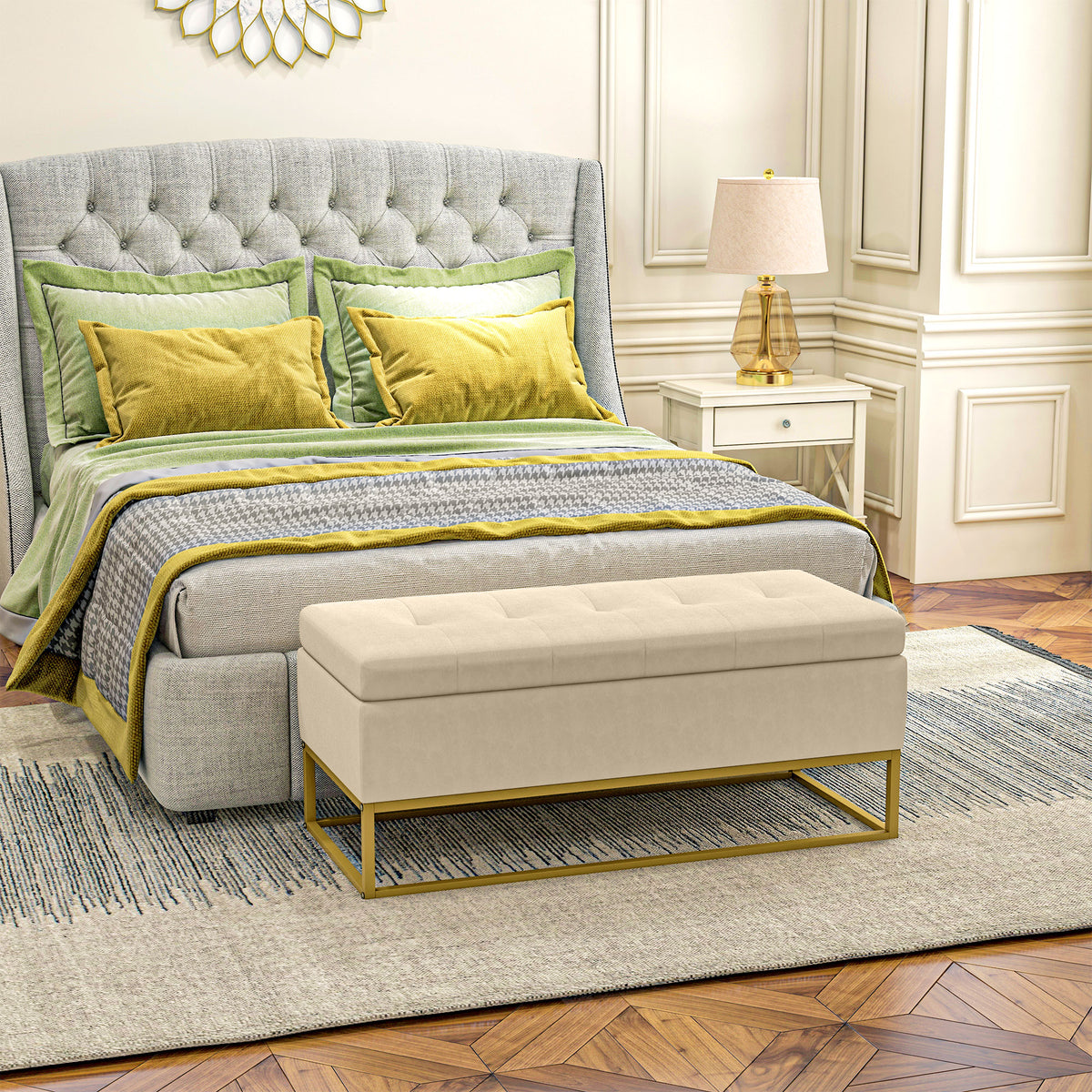 HOMCOM Sitzbank mit Stauraum, dekorative Knopfheftung, Flanelloptik, goldfarbene Stahlbeine, 110 x 47 x 46,5 cm