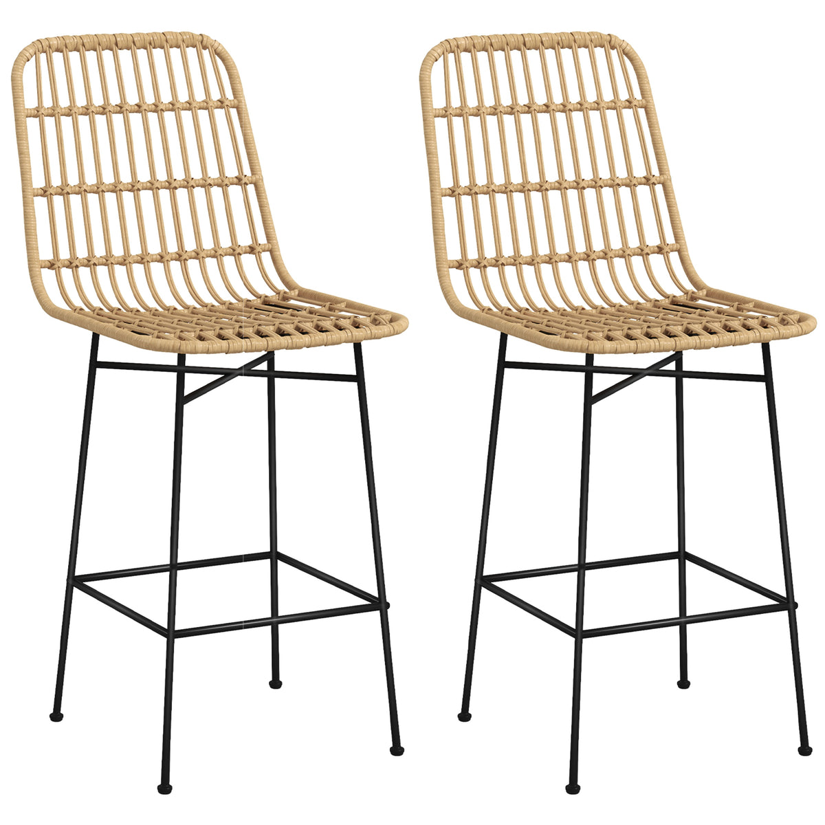 HOMCOM Barhocker Barstuhl, Boho-Stil, PE-Rattan, 45 x 53,5  x 105 cm, Natur + Schwarz