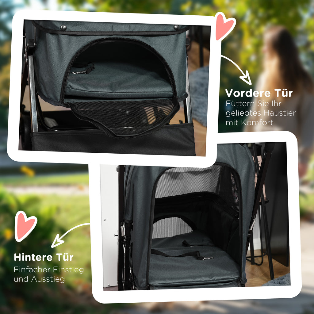 PawHut Hundebuggy Hundewagen bis 10 kg Klappbar Netzfenster Ablagekorb verstellbares Vordach Dunkelgrau 76,5 x 52 x 95 cm