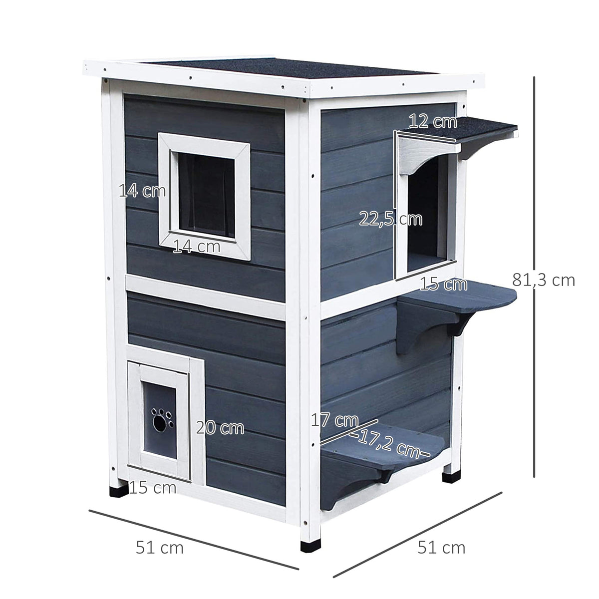 PawHut Katzenhaus aus Holz 2 Etagen Winterfest wasserdicht Katzenhütte mit Asphaltdach Treppen Fenster Katzenhöhle Outdoor Schutzhütte für Draußen Garten Balkon 51 x 51 x 81,3 cm Grau