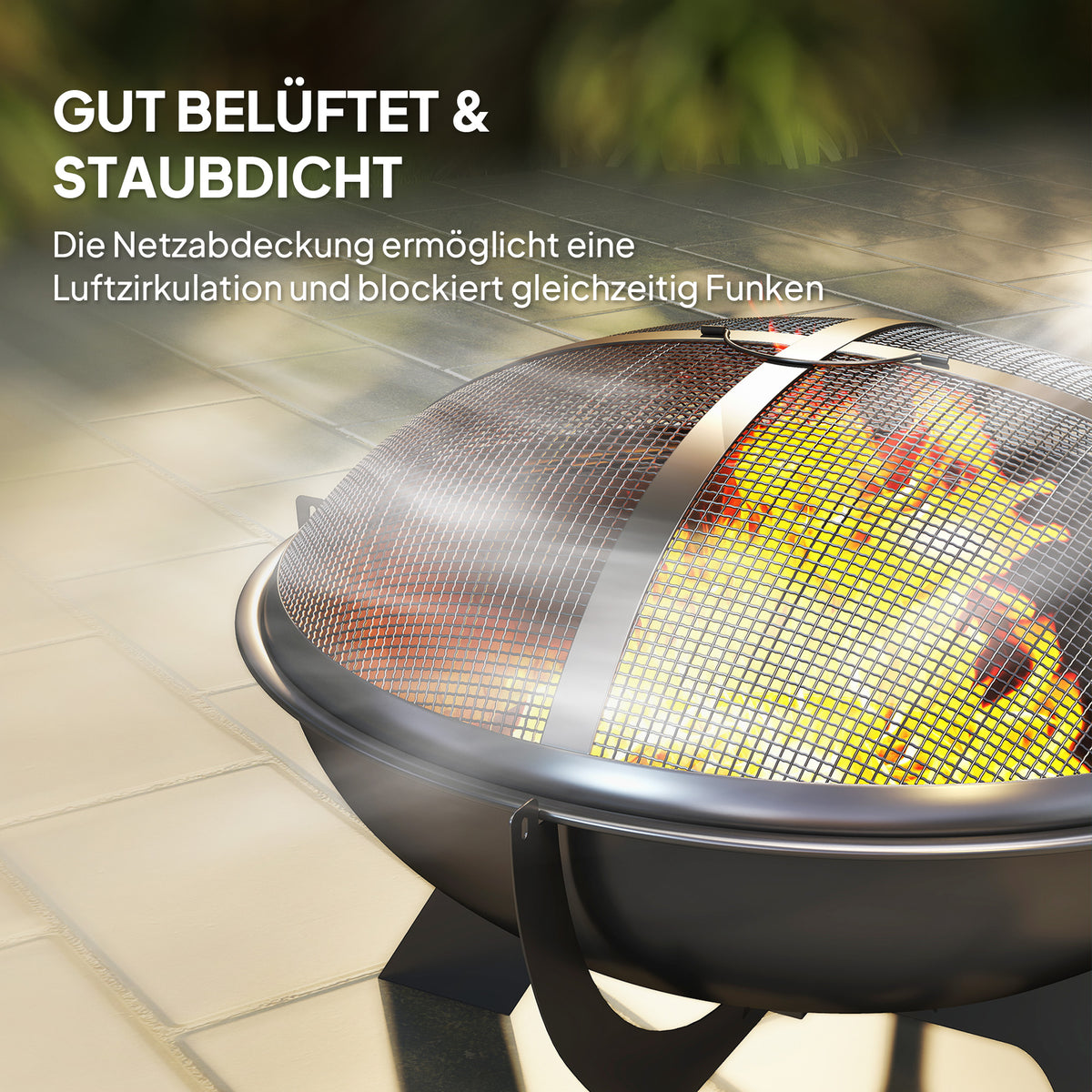 Outsunny Feuerschale Ø54x39cm aus Metall Rund Feuerstelle mit Funkenschutz Schürhaken Feuerkorb für Garten, Balkon Schwarz