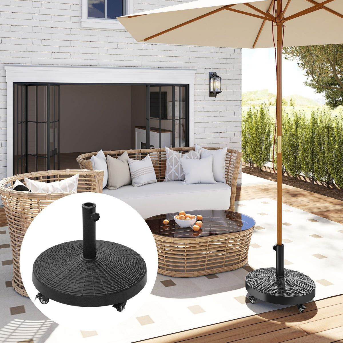 Outsunny Sonnenschirmständer 25kg Schirmständer mit Rollen rund Rattanoptik Ständer für Schirmstangen mit Ø38/48 mm Ständer für Garten, Balkon, Schwarz