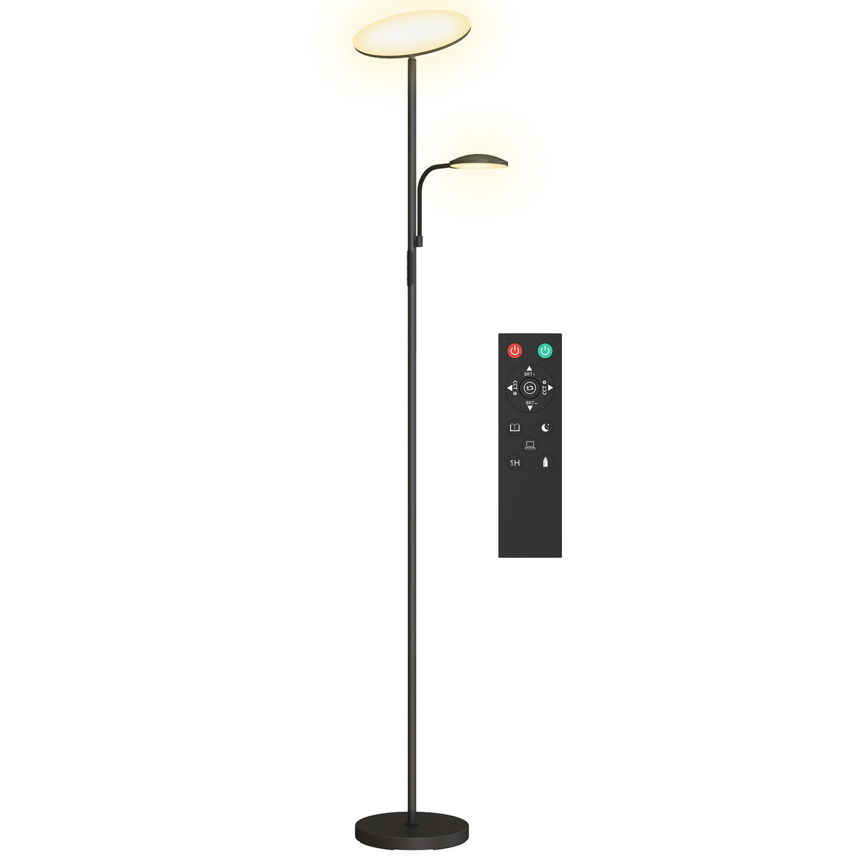 HOMCOM Stehleuchte mit 2 Lichtpunkten in 4 Stufen einstellbar, Temperatur 2700K-6500K und Fernbedienung, Schwarz