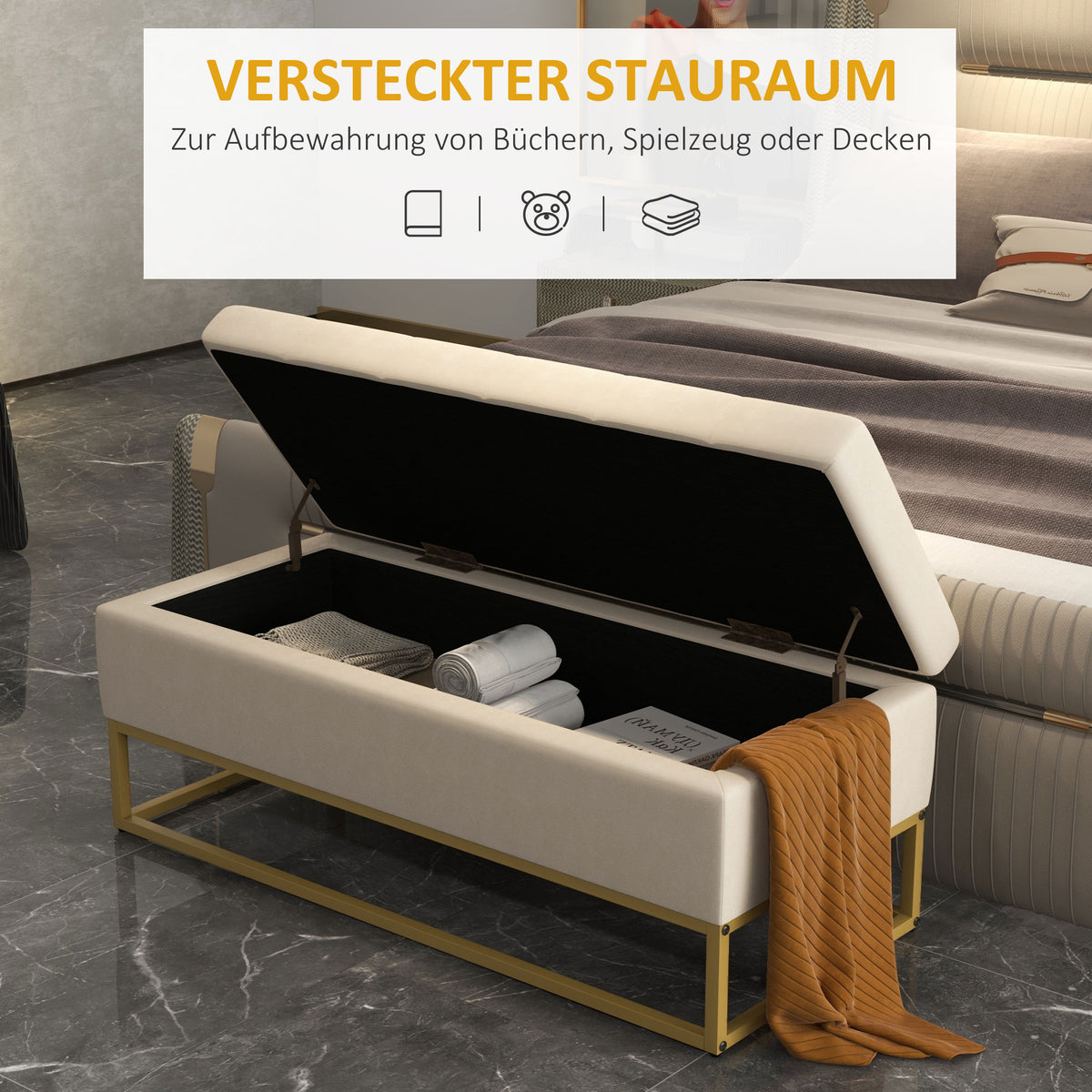 HOMCOM Sitzbank mit Stauraum, dekorative Knopfheftung, Flanelloptik, goldfarbene Stahlbeine, 110 x 47 x 46,5 cm