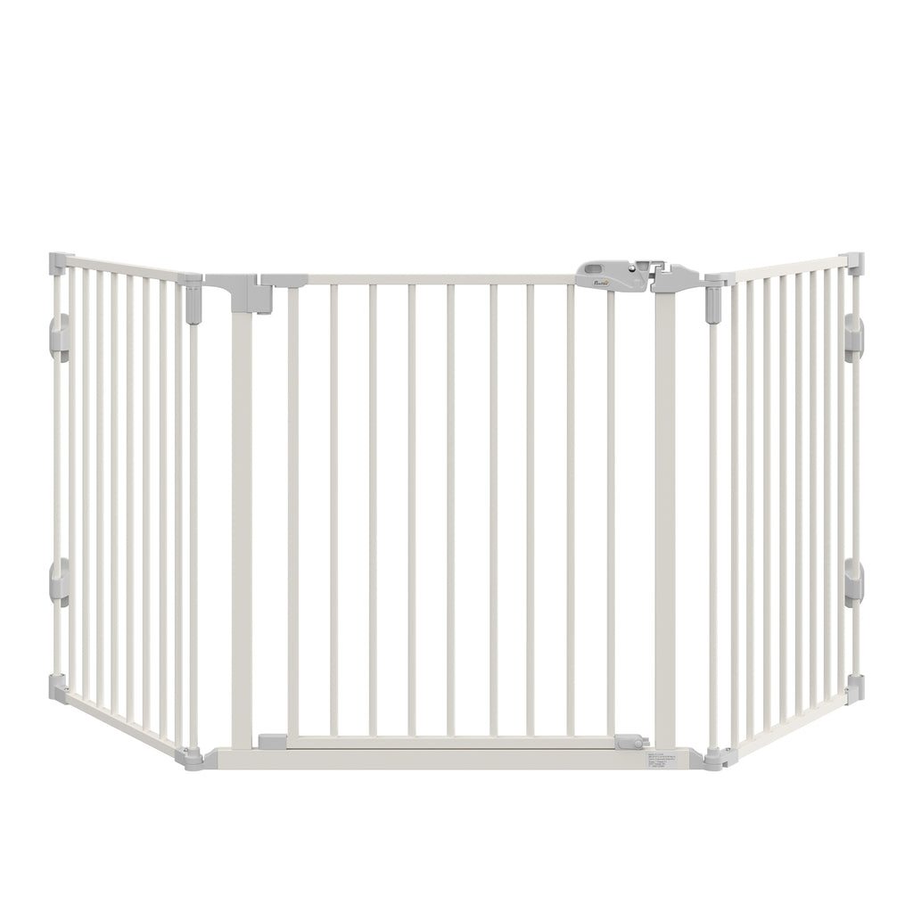 PawHut Hunde Absperrgitter Türschutzgitter Haustierschutzgitter verstellbar klappbar Kamingitter mit automatische schließenden Tür 3 Paneele für Ofen Wandmontage/Freistehend Weiß 202,5 x 76 cm
