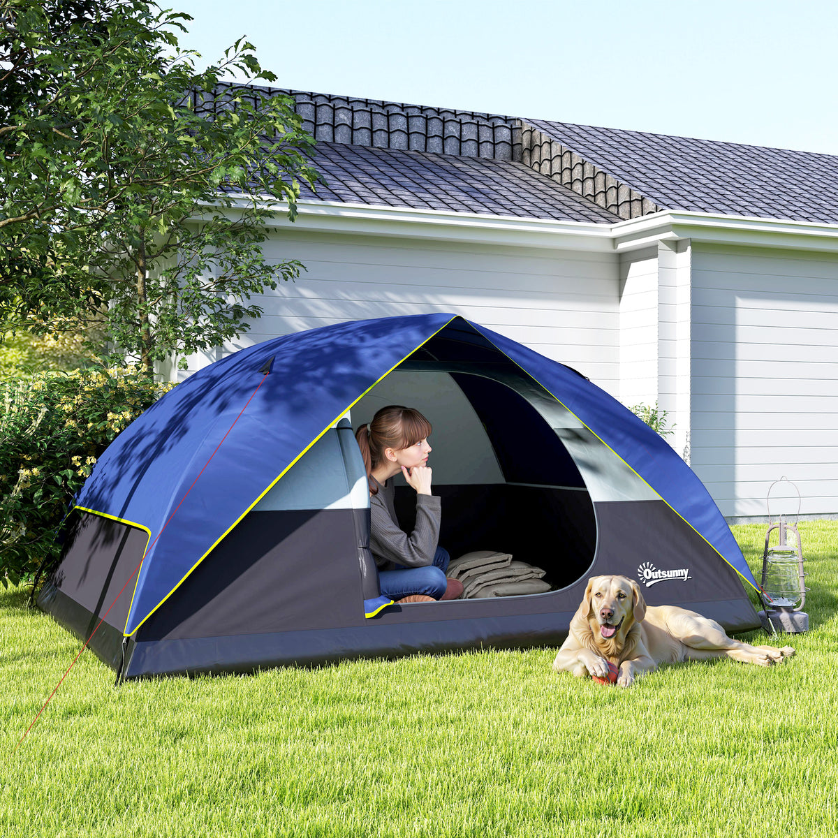 Outsunny Campingzelt 2-4 Personen, wasserdichtes Familien-Domzelt mit Fenster, 2 Taschen, Transporttasche, Dunkelblau