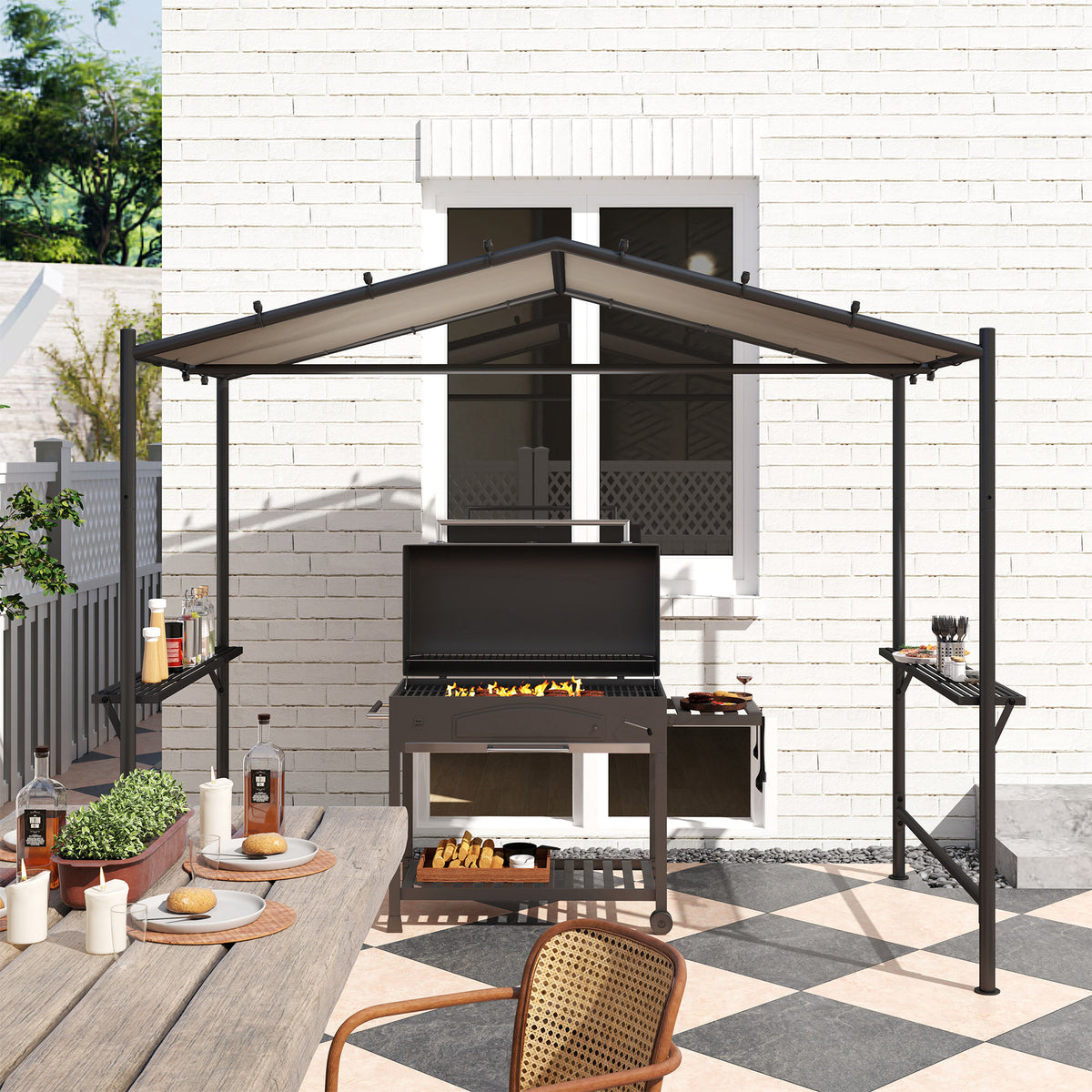 Outsunny Grillzelt Grilldach, wetterbeständig, inkl. Seitentaschen, 277 x 149 x 230 cm, Khaki