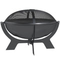 Outsunny Feuerschale Ø54x39cm aus Metall Rund Feuerstelle mit Funkenschutz Schürhaken Feuerkorb für Garten, Balkon Schwarz