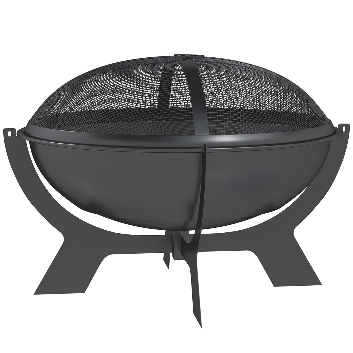 Outsunny Feuerschale Ø54x39cm aus Metall Rund Feuerstelle mit Funkenschutz Schürhaken Feuerkorb für Garten, Balkon Schwarz