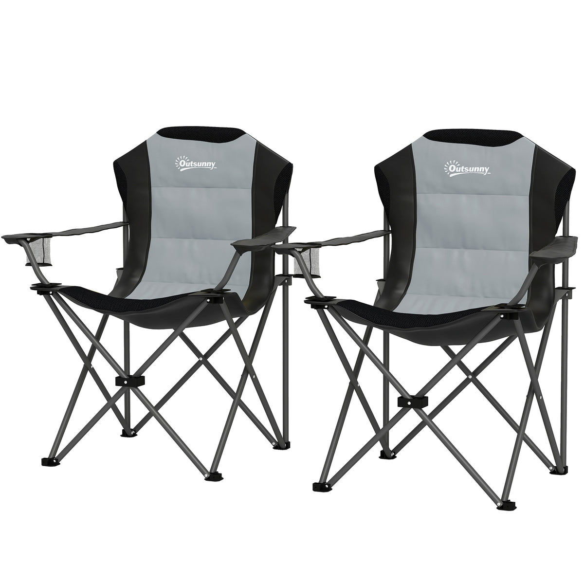 Outsunny Lot von 2 klappbaren Campingstühlen gepolstert mit hoher Rückenlehne und Getränkehalter, belastbar bis 120 kg, dunkelgrau