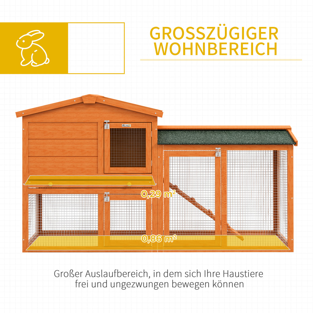 PawHut Kleintierstall, Kleintierkäfig, Outdoor-Kaninchenstall, Freilaufgehege, winterfest, Massivholz, 150 x 45 x 85 cm, Orange