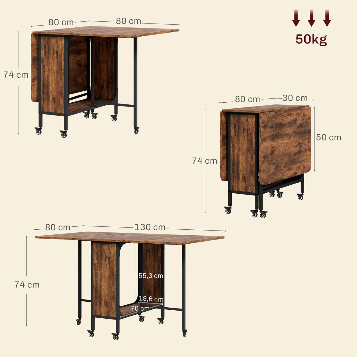 HOMCOM Klappbarer Esstisch, Mobiler Klapptisch für 6 Personen, mit Ablage, bis 50 kg belastbar, 130 x 80 x 74 cm, Rotbraun