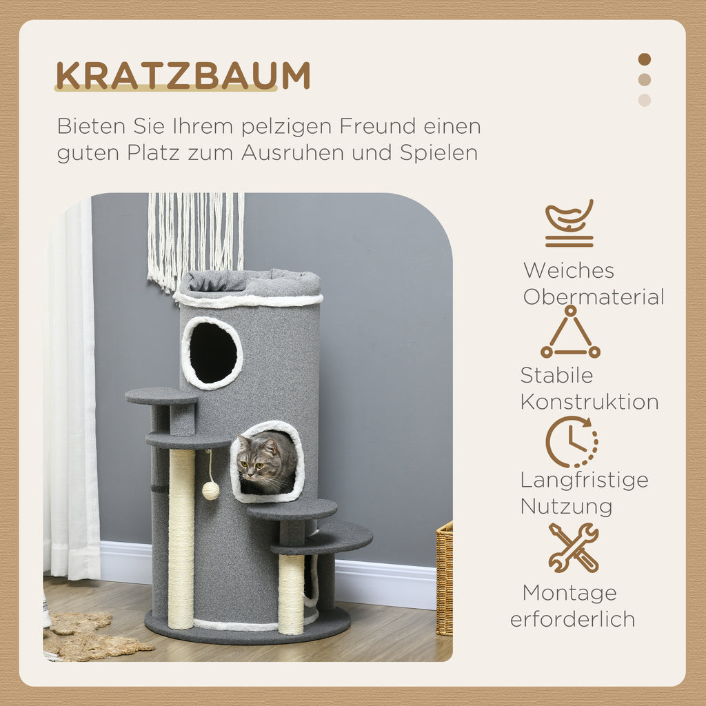 PawHut Kratzbaum Kratztonne, 2 Katzenhöhlen, 4 Liegeflächen, 4 Kratzpfosten, 57 cm x 57 cm x 99 cm, Grau + Weiß