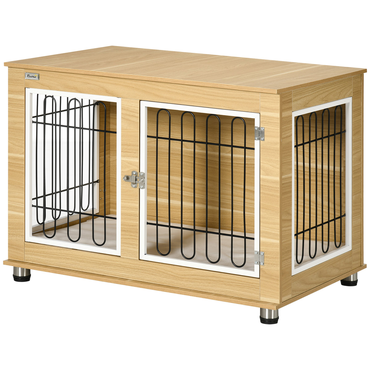 PawHut Hundekäfig, waschbares Kissen, Hundebox, 2 Verriegelungen, 90 cm x 58 cm x 65 cm, Natur + Schwarz + Weiß