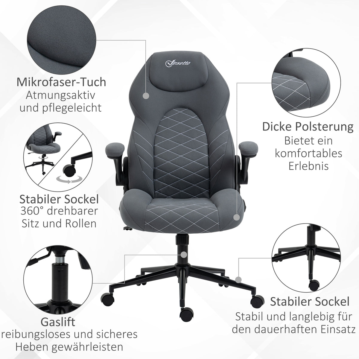 Vinsetto Bürostuhl mit Rückenlehne, höhenverstellbar, klappbare Armlehnen, Wippfunktion, dunkelgrau
