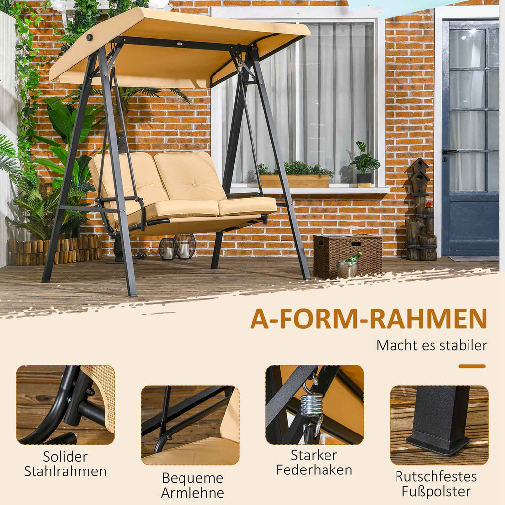 Outsunny Hollywoodschaukel, 2-Sitzer Gartenschaukel mit verstellbarem Dach, bis 220 kg belastbar, 138 x 106 x 174 cm, Beige